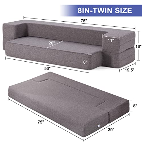 Lazyzizi Floor Sofa Bed, Fold Out Couch Bed with 2 Pillows & Washable Cover Convertible Sleeper Folding Sofa Bed Mattress for Living Room, Guest Bed, Playroom 8inches Queen