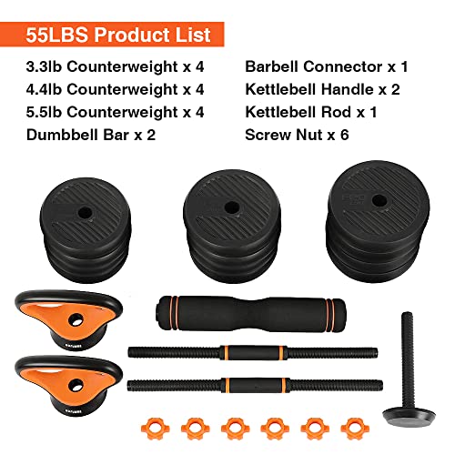 HOFURME Adjustable Dumbbell Set, 55 LBS Free Weights Dumbbells, 4 in 1 Weight Set, Dumbbell, Barbell, Kettlebell and Push-up, Home Gym Fitness Workout Equipment for Men and Women